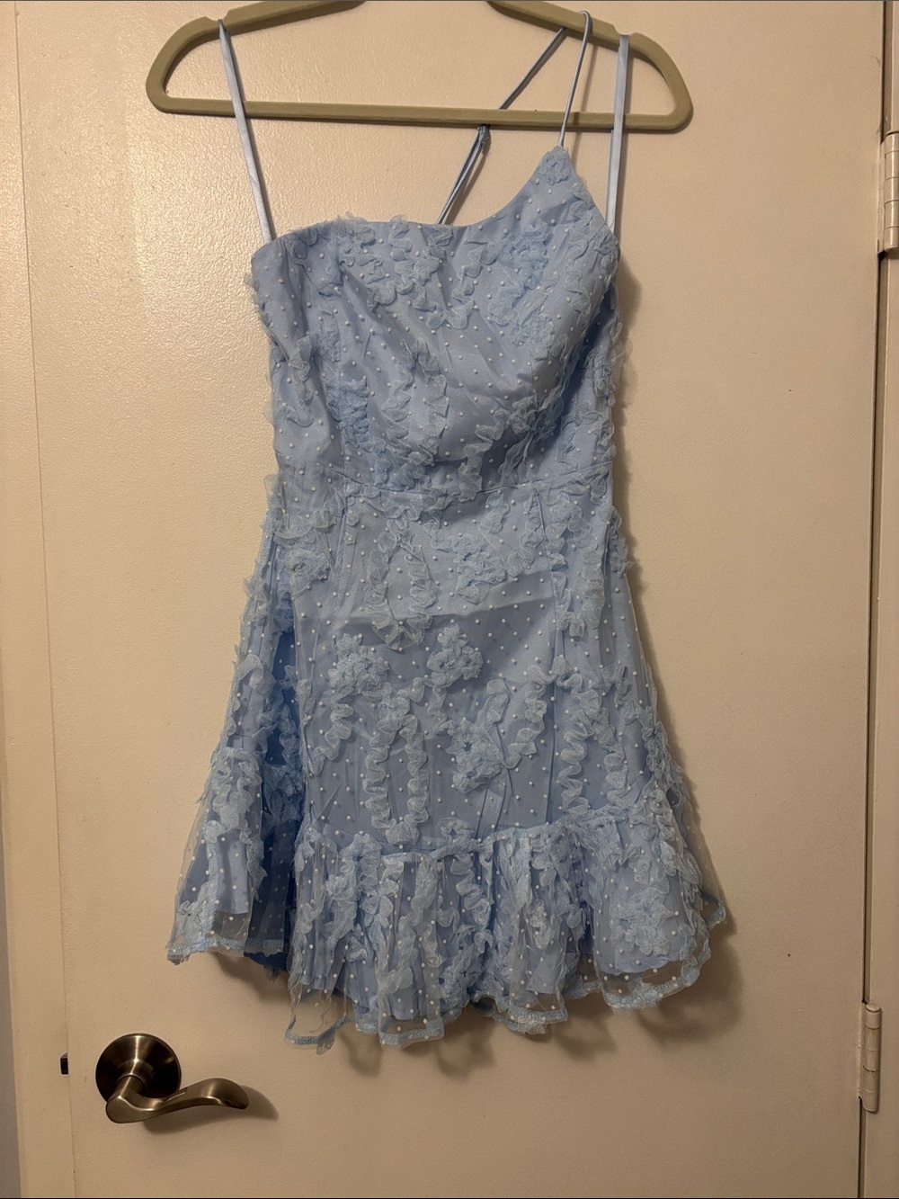 American Threads Light Blue One-Shoulder Ruffled Lace Dress